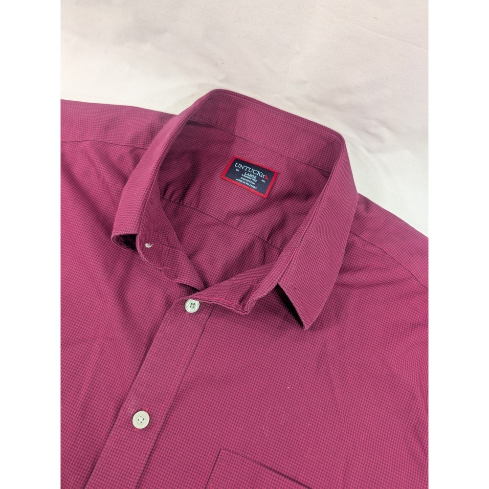 Untuckit Shirt Mens Large Red Micro Plaid Regular Fit Long Sleeve Tight Gingham